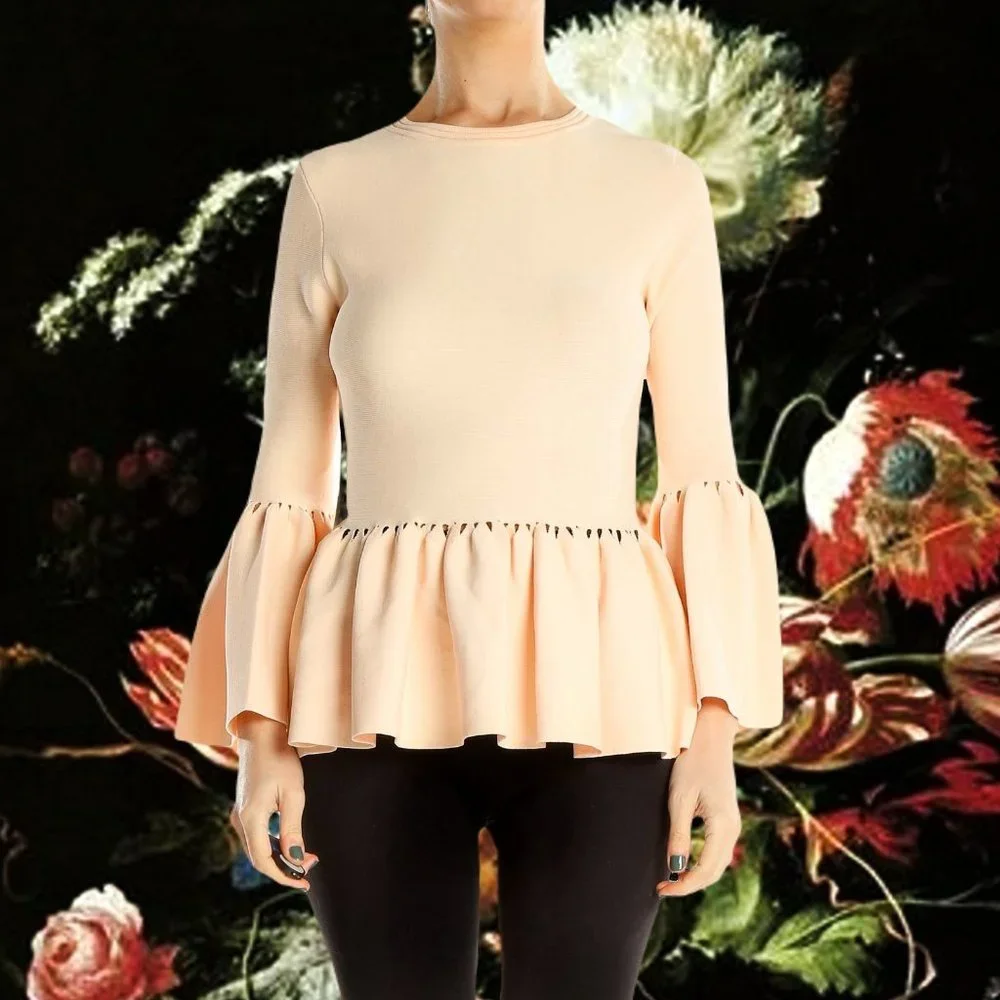 Jonathan Simkhai Stretch Knit Bell Sleeve Peplum Top Blush Cut Out Jewel Neck - Picture 1 of 13
